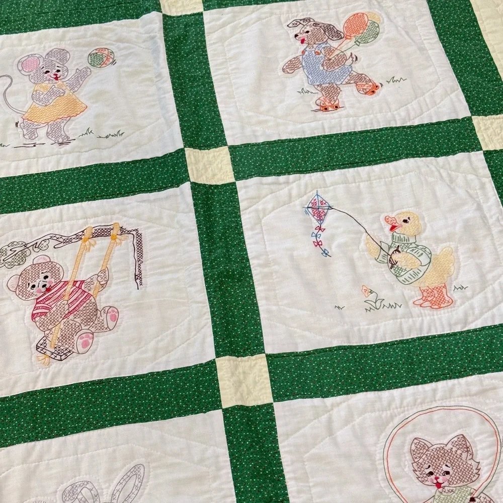Handmade Vintage Embroidered Animal Quilt Twin Nursery Bunny Duck Green 50x64